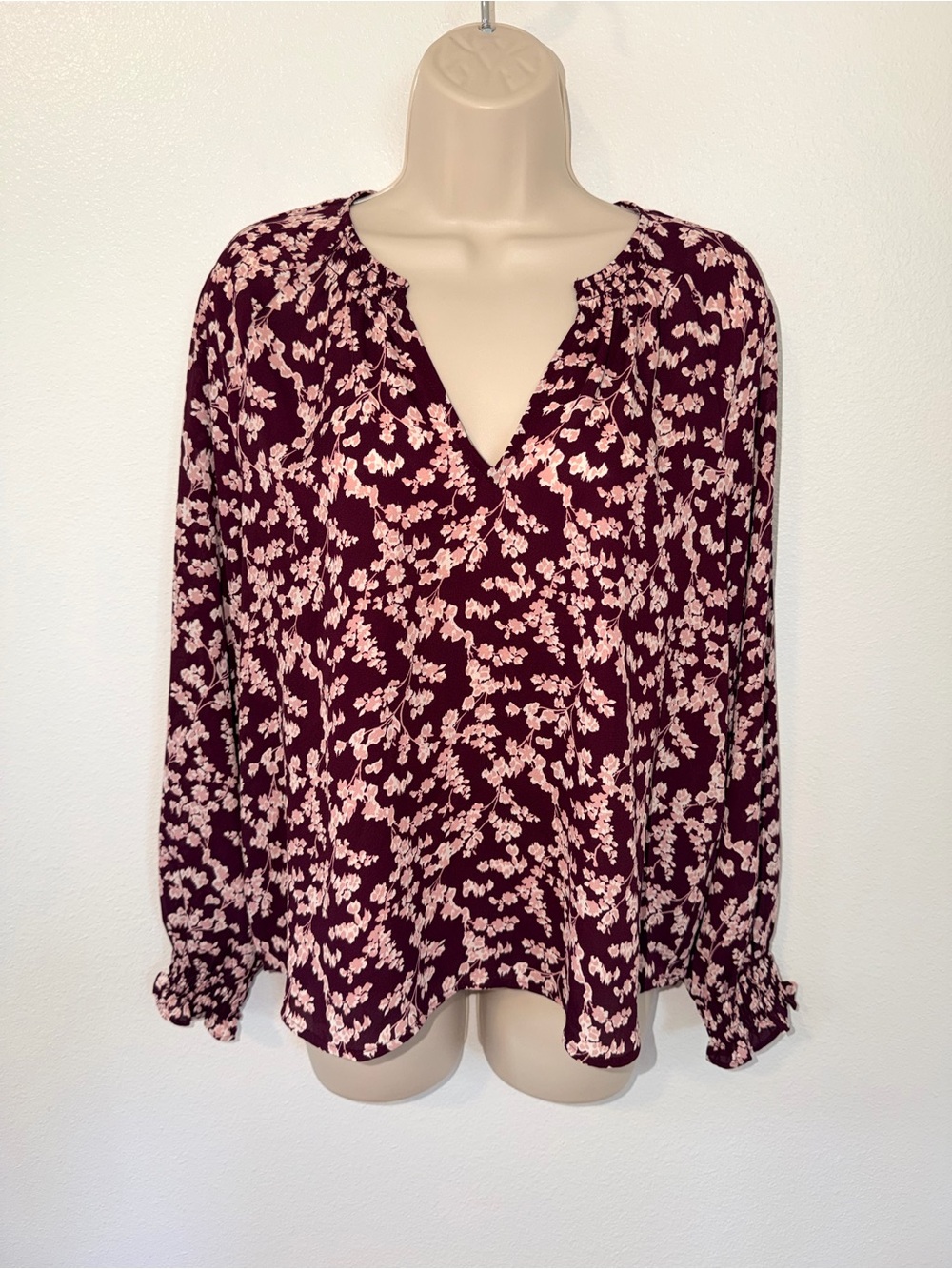 Ann Taylor Factory Burgundy and Pink Floral Split-Neck Blouse